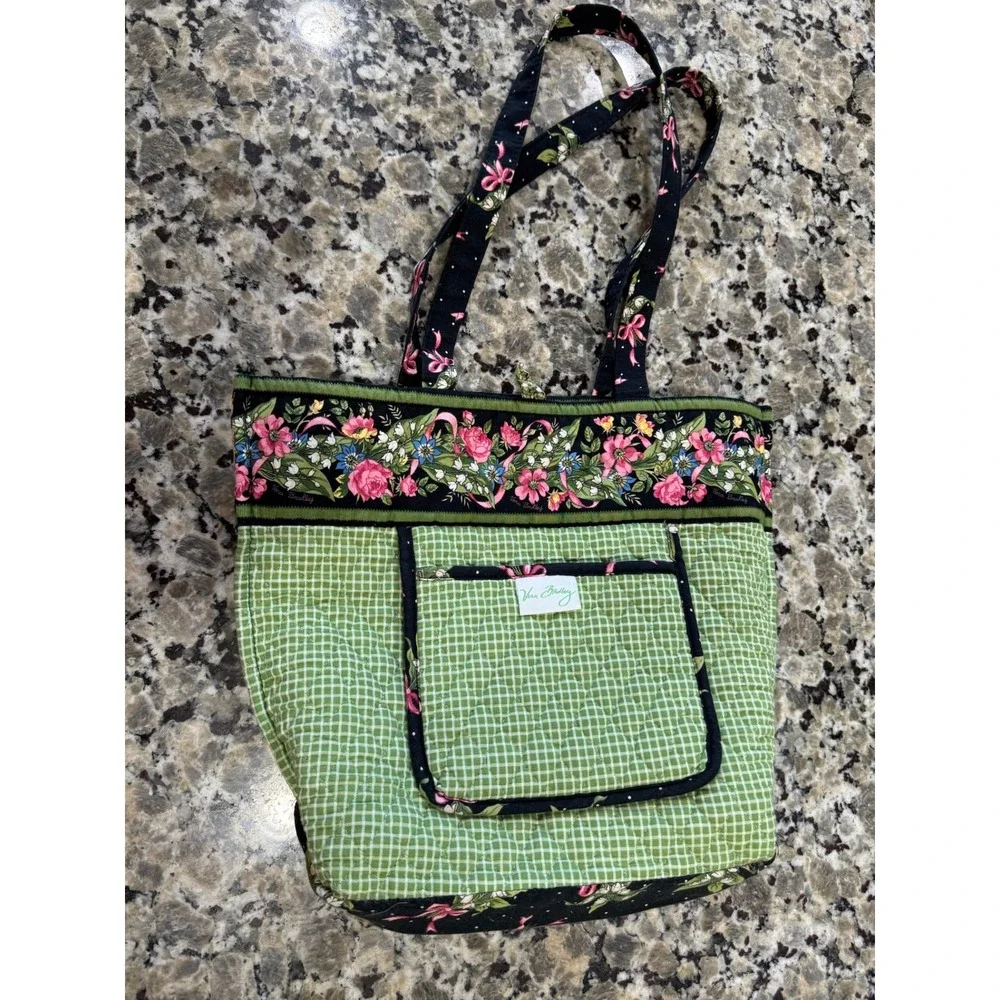 Vera Bradley Mayfair Floral Quilted Cotton Tote Bag Black Pink Green Made in USA